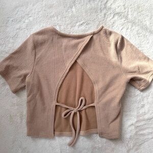 Hem & Thread Tan Ribbed Tie-Back Crop Top